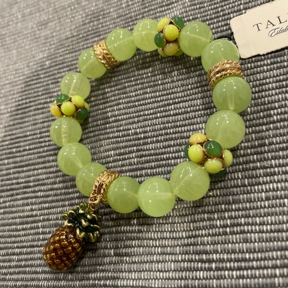 Talbots Green and Gold Beaded Bracelet with Pineapple Charm